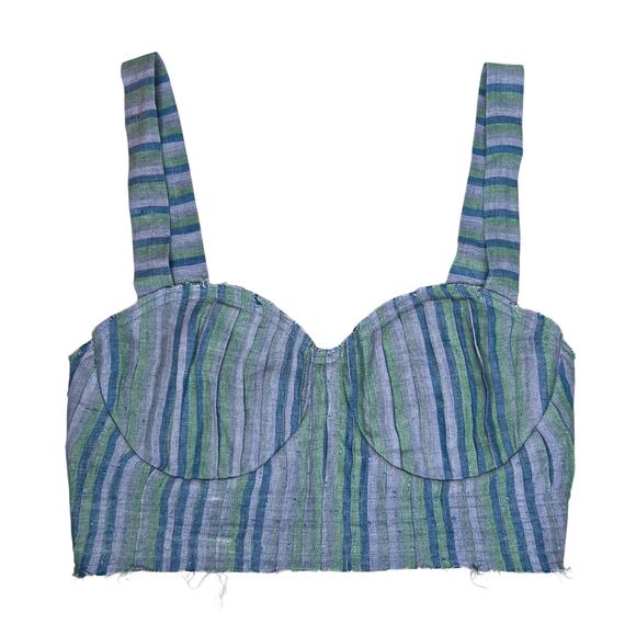 Emporio Sirenuse 70's Stripe Blue Bustier Linen Cropped Top Size 38 - Picture 1 of 8